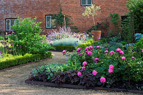 THE_WALLED_GARDEN_AT_COWDRAY__WEST_SUSSEX_DESIGNER_JAN_HOWARD__EDGED_BORDER_WITH_PINK_PEONIES_AND_HE