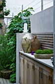 DESIGNER CHARLOTTE ROWE  LONDON: OWN GARDEN WITH WESTERN RED CEDAR CUPBOARD WITH MARBLE TOP  WOODEN TRELLIS  CANDLES  STONEWARE JUGS AND RESIN CONTAINER WITH SOLEIROLIA SOLEIROLII