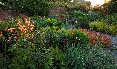 WOLLERTON_OLD_HALL__SHROPSHIRE_SUMMER_BORDER_VIEW_ACROSS_LANHYDROCK_GARDEN_SHOWING_AQUILEGIA__CANNA_