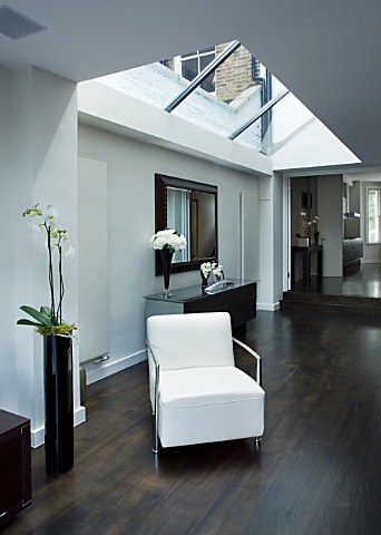 TANIA_LAURIE__LONDON_INTERIOR_OF_LIVING_AREA_WITH_GLASS_ROOF_ROOFLIGHT_AND_WHITE_CHAIR_WITH_WOODEN_F