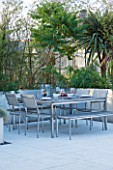 CONTEMPORARY FORMAL ROOF TERRACE/ GARDEN DESIGNED BY DATA NATURE ASSOCIATES: SEATING AREA WITH TABLE  CHAIRS  TRELLIS AND RAISED BEDS