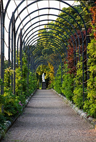 TRENTHAM_GARDENS__STAFFORDSHIRE_VIEW_ALONG_METAL_ARBOUR_TO_STATUE_IN_EVENING_LIGHT