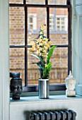 ARCHITECT CHRIS DYSONS HOUSE: THE LIVING ROOM - WINDOW SILL WITH ORCHID IN A METAL CONTAINER