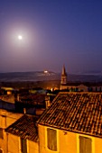 PROVENCE  FRANCE: BONNIEUX CHURCH IN M OONLIGHT WITH LACOSTE BEYOND