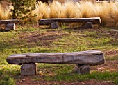 PROVENCE  FRANCE: DOMAINE DE LA VERRIERE: A PLACE TO SIT - A CIRCLE OF WOODEN BENCHES BY MARC NUCERA IN WOODLAND WITH STIUPA TENUISSIMA