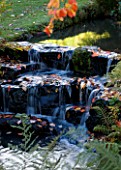 WAKEHURST PLACE  SUSSEX : DETAIL OF ROCKS  WATERFALL AND AUTUMNAL LEAVES