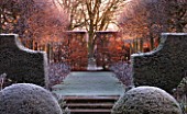 WOLLERTON OLD HALL  SHROPSHIRE: WINTER GARDEN IN FROST -  VIEW ALONG THE LIME ALLEE AT DAWN TO A CLIPPED BEECH HEDGE  WITH CLIPPED BOX AND TILIA PLATYPHYLLOS RUBRA