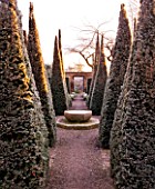 WOLLERTON OLD HALL  SHROPSHIRE: WINTER GARDEN IN FROST -  THE WELL GARDEN WITH CENTRAL LIMESTONE WELL HEAD WATER FEATURE SURROUNDED BY CLIPPED TOPIARY PYRAMID YEWS