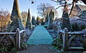 WOLLERTON OLD HALL  SHROPSHIRE: WINTER GARDEN IN FROST -  GRASS PATH ALONG THE YEW WALK WITH CLIPPED YEW TOPIARY PYRAMIDS AND OAK BALUSTRADES