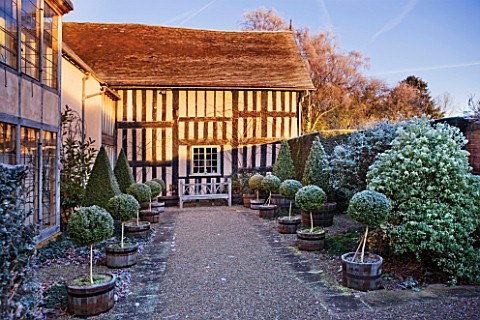 WOLLERTON_OLD_HALL__SHROPSHIRE_WINTER_GARDEN_IN_FROST___THE_BACK_OF_THE_HOUSE_WITH_OAK_BENCH_SEAT_AN