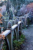 WOLLERTON OLD HALL  SHROPSHIRE: WINTER GARDEN IN FROST -  BEAUTIFUL OAK FINIALS ON BALUSTRADES IN THE YEW WALK