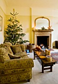 CLARE MATTHEWS CHRISTMAS HOUSE INTERIOR: THE LIVING ROOM WITH WOODEN TABLE  SETTEE  FIREPLACE AND CHRISTMAS TREE