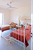 DESIGNER GINA PRICE - CORFU - VILLA ONEIRO - TWIN BEDROOM WITH BEDS AND LAMPS - FAN ON CEILING