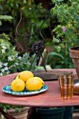 ROSE GRAY AND SCULPTOR DAVID MACILWAINE: THE ROOF TERRACE/ ROOF GARDEN - METAL TABLE WITH SCULPTURE BY DAVID  BOWL WITH LEMONS