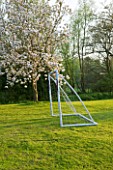 ULTING WICK  ESSEX :  LAWN WITH GOAL AND CHERRY TREE IN BLOSSOM - SPRING