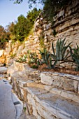 THE ROU ESTATE  CORFU: ROCK FACE BESIDE THE POOL WITH AGAVES