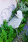 PAULA PRYKES HOUSE  SUFFOLK: ORNATE METAL BENCH WITH GALVANISED WATERING CAN