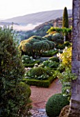 LA CARMEJANE  FRANCELA CARMEJANE, FRANCE: LUBERON, PROVENCE, CLIPPED, TOPIARY, OLIVE TREES ON TERRACE, CYPRESS, TREES, MIST, BOX, PARTERRE, WHITE, ROSES, FRENCH, COUNTRY, GARDEN