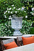LA CARMEJANE, FRANCE: LUBERON, PROVENCE, TERRACE, DINING, TABLE, CHAIRS, PATIO, ENTERTAINING, FRENCH, COUNTRY, GARDEN, JASMINE, CONTAINER, ORANGE, CUSHIONS