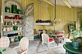 LA CARMEJANE, FRANCE: LUBERON, PROVENCE, GARDEN ROOM, SUMMER HOUSE, SUMMERHOUSE, TABLE, CHAIRS, FRENCH, COUNTRY, STYLE, CUPBOARD, GLAZED, CONTAINERS