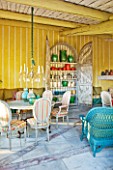 LA CARMEJANE, FRANCE: LUBERON, PROVENCE, GARDEN ROOM, SUMMER HOUSE, SUMMERHOUSE, TABLE, CHAIRS, FRENCH, COUNTRY, STYLE, CUPBOARD, GLAZED, CONTAINERS