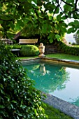 LA CARMEJANE, FRANCE: LUBERON, PROVENCE, SWIMMING POOL, GRASS, LAWN, TERRACE, TABLE, CHAIRS, FRENCH, COUNTRY, GARDEN, REFLECTED, REFLECTIONS