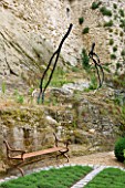 LA CARMEJANE, FRANCE: LUBERON, PROVENCE, FRENCH, COUNTRY, GARDEN, DEAD, WOODEN, SCULPTURE, BY, MARC NUCERA, SEAT, BENCH