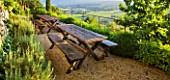LA CARMEJANE, FRANCE: LUBERON, PROVENCE, FRENCH, COUNTRY, GARDEN, TERRACE, PATIO, WOODEN, BENCHES