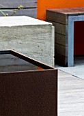 DESIGNERS WYNNIAT- HUSEY CLARKE: MODERN  CONTEMPORARY TOWN GARDEN IN BRIGHTON - SQUARE METAL WATER FEATURE   CONCRETE SEATS AND WOODEN BENCH
