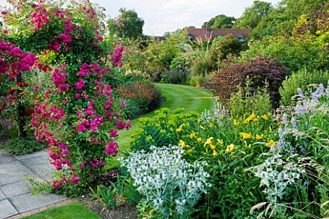 MEADOW_FARM__WORCESTERSHIRE_CURVED_LAWN_WITH_PINK_ROSA_SUPER_EXCELSA_AND_MIXED_HERBACEOUS_PLANTING_O