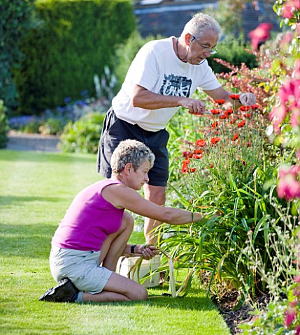 MEADOW_FARM__WORCESTERSHIRE_ROBERT_AND_DIANE_COLE_DEADHEADING_IN_THE_GARDEN