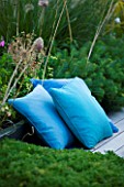DESIGNER: CHARLOTTE ROWE  LONDON: ROOF GARDEN - A PLACE TO SIT - DECKED SEATING AREA WITH BLUE CUSHIONS AND HERBS - CAMOMILE AND ALLIUMS