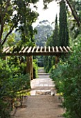 DOMAINE DU RAYOL  FRANCE: VIEW DOWN PAST THE MAIN PERGOLA AT THE CENTRE OF THE GARDEN