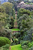 DOMAINE DU RAYOL  FRANCE: VIEW ALONG ONE SIDE OF THE GARDEN UP THE OTHER ALONG THE GRAND STAIRCASE FLANKED BY TWO ROWS OF CYPRESS TREES