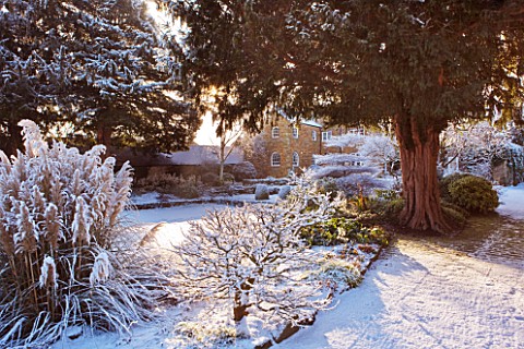 PETTIFERS__OXFORDSHIRE_GARDEN_IN_SNOW_IN_WINTER__VIEW_TOWARDS_THE_HOUSE_WITH_LAWN_AND_BORDER_WITH_AC