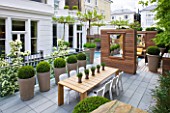 MODERN ROOF GARDEN BY STEPHEN WOODHAMS, LONDON: CEDARWOOD SCREEN, MIRROR, TABLE, CHAIRS, CLIPPED, TOPIARY, PLEACHED, MULBERRY, CONTEMPORARY, BOX BALLS IN CERAMIC CONTAINERS, CORNUS KOUSA, TERRACE, BALCONY, DECKING, DECKED, DECKS