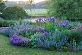 NARBOROUGH HALL GARDENS  NORFOLK: THE BLUE GARDEN - BORDER BESIDE THE LAWN WITH GERANIUMS  NEPETA AND IRIS SIBIRICA