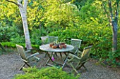 SANDHILL FARM HOUSE  HAMPSHIRE - DESIGNER ROSEMARY ALEXANDER: THE FRONT GARDEN - TABLE AND CHAIRS WITH BIRCH TREE