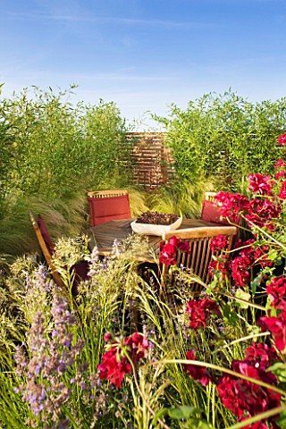 LONDON_ROOFTOP_GARDEN_WOODEN_TABLE_AND_CHAIRS_ON_WOODEN_DECKING_SURROUNDED_BY_STIPA_TENUISSIMA__PHYL