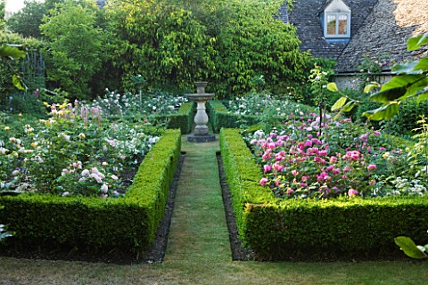 DESIGNER_ALISON_HENRY__PRIVATE_GARDEN_COTSWOLDS_BOX_EDGED_BEDS_WITH_ROSES_AND_SUNDIAL___ROSE_GARDEN_