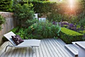 DESIGNER CHARLOTTE ROWE, LONDON: SMALL, TOWN, CITY, GARDEN, DECKS, DECKING, SUN, LOUNGERS, SEATS, FENCES, FENCING, CUSHIONS, BOX, HEDGING, HEDGES, BUXUS, CLIPPED, TOPIARY