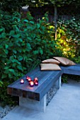 DESIGNER CHARLOTTE ROWE, LONDON: SMALL, TOWN, CITY, GARDEN, WOODEN, BENCH, CUSHIONS, FENCES, FENCING, CHAIRS, SEATS, PATIO, TERRACE, ENTERTAINING, SUMMER, CANDLES, LIGHTING, LIGHTS