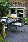 DESIGNER CHARLOTTE ROWE LONDON: SMALL, TOWN, CITY, FORMAL, CONTEMPORARY, GARDEN, PAVING, TERRACE, PATIO, BLACK, TABLE, CHAIRS, CUSHIONS, ENTERTAINING