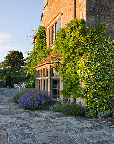 WHATLEY_MANOR__WILTSHIRE_THE_MANOR_HOUSE_WITH_STONE_FLAGS_AND_LAVENDER