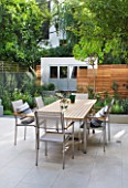 @JARDINROSAINSPIRATIONS - SMALL TOWN GARDEN: WHITE PORCELAIN TILED DINING AREA/ PATIO.TABLE AND CHAIRS - A PLACE TO SIT