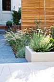 @JARDINROSAINSPIRATIONS - SMALL TOWN GARDEN: WHITE PORCELAIN TILED DINING AREA/ PATIO. BLUE SUMMERHOUSE  RAISED BED AND WOODEN SCREEN