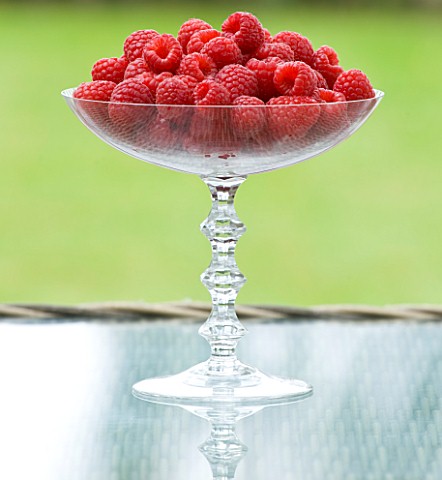 DESIGNER_CLARE_MATTHEWS_RASPBERRIES_IN_GLASS_BOWL_ON_GLASS_TOPPED_TABLE