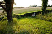 WHATLEY MANOR  WILTSHIRE: VIEW OF WILTSHIRE COUNTRYSIDE WITH WOODEN BENCH - A PLACE TO SIT