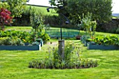 DESIGNER CLARE MATTHEWS: THE FRUIT AND VEGETABLE GARDEN IN DEVON. RAISED  BLUE PAINTED WOODEN BEDS AND SCULPTURE BY PAUL MARGETTS