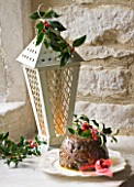 DESIGNER - JACKY HOBBS : CHRISTMAS DECORATION - CANDLE IN LANTERN   CHRISTMAS PUDDING  HOLLY BERRIES AND LEAVES  IN WINDOWSILL